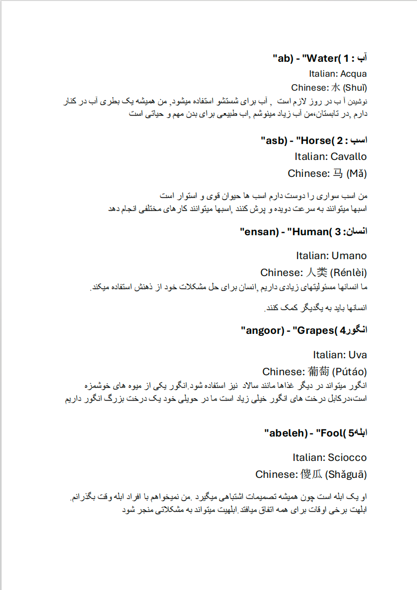 500 Essential Words in Dari with English, Italian, and Chinese translations