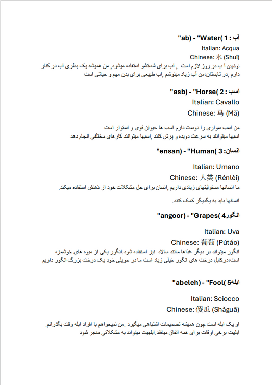 500 Essential Words in Dari with English, Italian, and Chinese translations